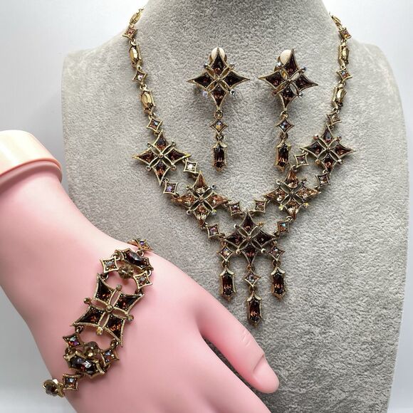 Rare Gold Tone Vintage Brown AB Glass Rhinestone Necklace Bracelet Earrings Set - Picture 1 of 9